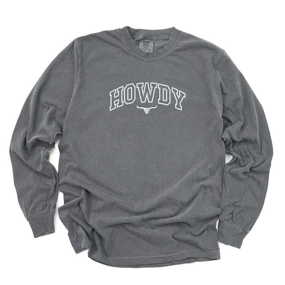 Embroidered Howdy Bull Varsity Garment Dyed Long Sleeve Tees