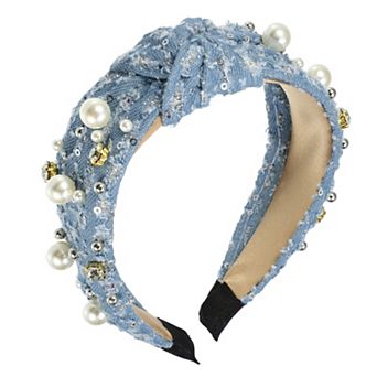 Pearly Crystal Knotted Women Headband For Women Girl Light Blue 5.51"x1.89"