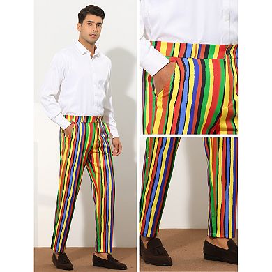Rainbow Pants for Men's Regular Fit Flat Front Color Block Stripe Dress Trousers