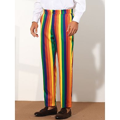 Rainbow Pants for Men's Regular Fit Flat Front Color Block Stripe Dress Trousers