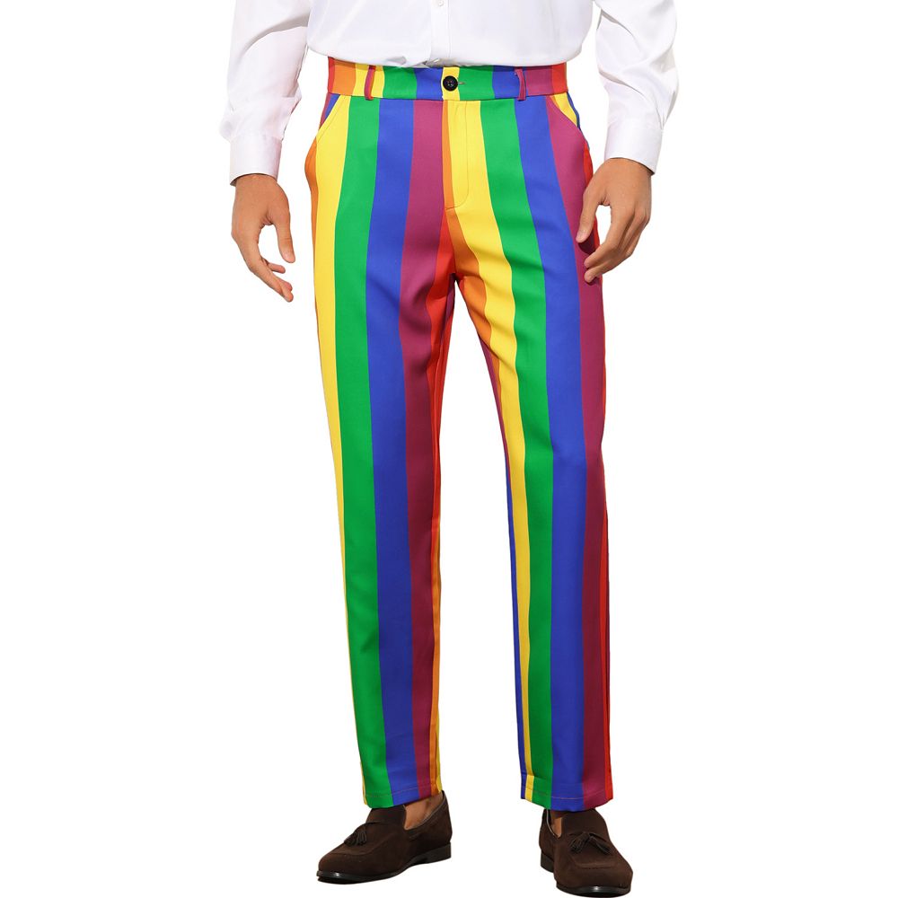 Rainbow Pants For Men's Regular Fit Flat Front Color Block Stripe