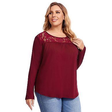 Women Plus Size Lace Pleated Shirt Round Neck Long Sleeve Loose Blouse Casual Tunic Top