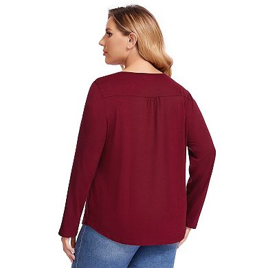 Women Plus Size Lace Pleated Shirt Round Neck Long Sleeve Loose Blouse Casual Tunic Top