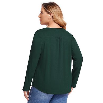 Women Plus Size Lace Pleated Shirt Round Neck Long Sleeve Loose Blouse Casual Tunic Top