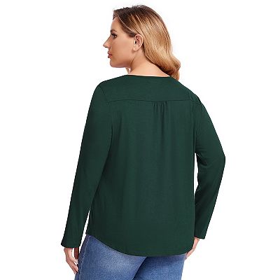 Women Plus Size Lace Pleated Shirt Round Neck Long Sleeve Loose