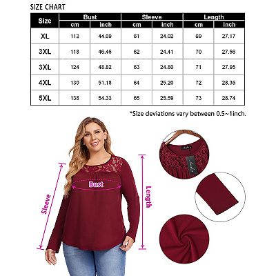 Women Plus Size Lace Pleated Shirt Round Neck Long Sleeve Loose