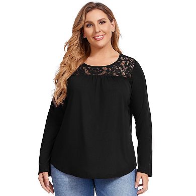 Women Plus Size Lace Pleated Shirt Round Neck Long Sleeve Loose Blouse Casual Tunic Top