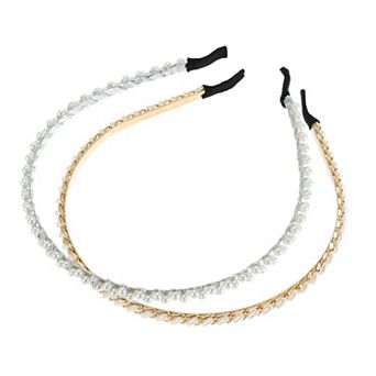 2 pc Faux Pearl Headbands Gold Tone Silver Tone 5.12"x0.2" Headbands For Women