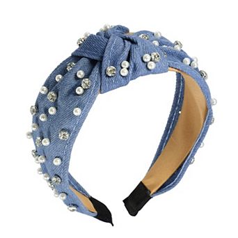 1 pc Pearly Rhinestones Crystal Knotted Women Headband Sky Blue 5.31"x1.97"