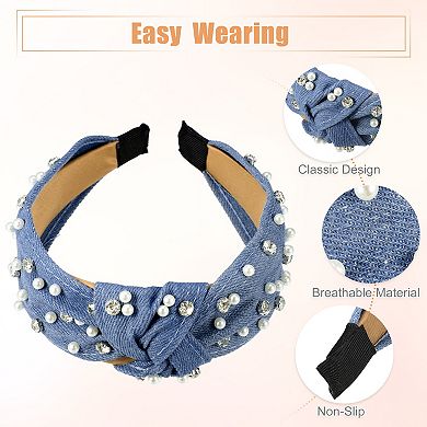 1 Pcs Pearly Rhinestones Crystal Knotted Women Headband Sky Blue 5.31"x1.97"