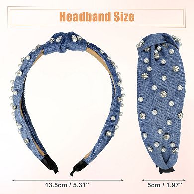 1 Pcs Pearly Rhinestones Crystal Knotted Women Headband Sky Blue 5.31"x1.97"