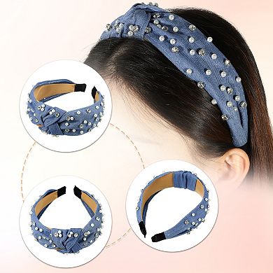 1 Pcs Pearly Rhinestones Crystal Knotted Women Headband Sky Blue 5.31"x1.97"