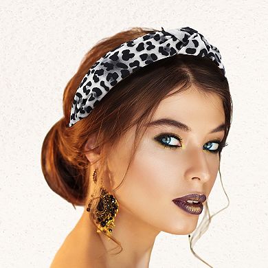 Leopard Pattern Headband For Women Elastic Wide Knotted Headband White Gray