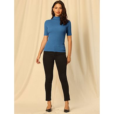 Women's Mock Neck Blouse Half Sleeve Basic Knitted Tops