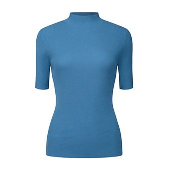 Women's Mock Neck Blouse Half Sleeve Basic Knitted Tops