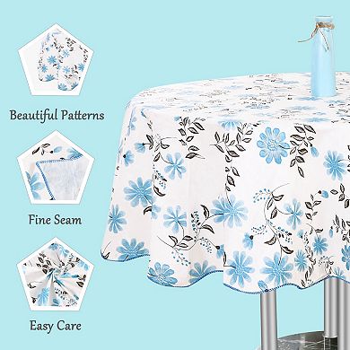 Vinyl Tablecloth Round Tables 71" Dia Blue Flower Pattern White Water
