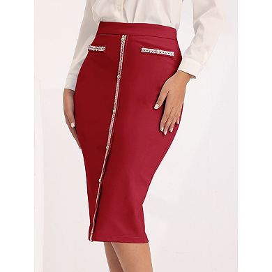 Women's Pencil Skirt High Waist Tweed Trim Work Bodycon Midi Skirts