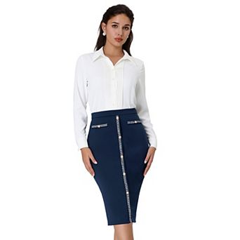 Women's Pencil Skirt High Waist Tweed Trim Work Bodycon Midi Skirts