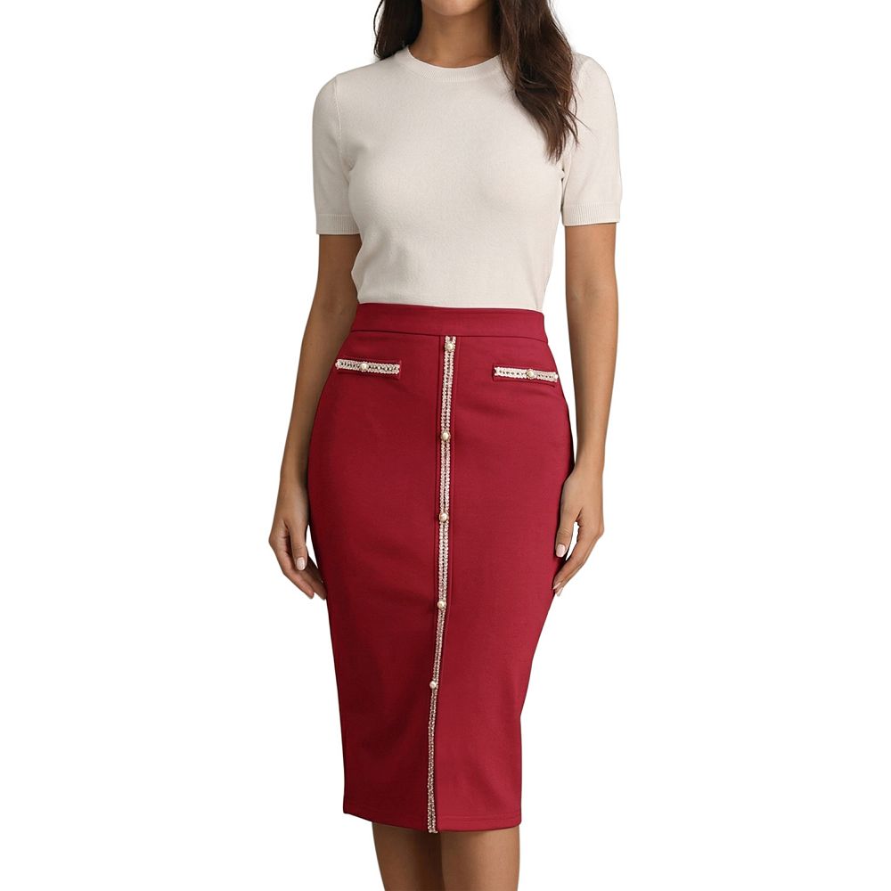 Women's Pencil Skirt High Waist Tweed Trim Work Bodycon Midi Skirts
