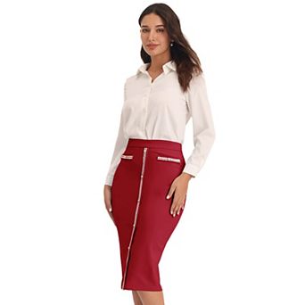 Women's Pencil Skirt High Waist Tweed Trim Work Bodycon Midi Skirts