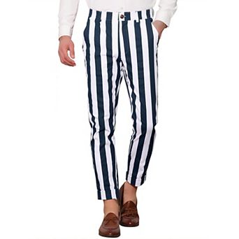 Striped Business Pants For Men's Slim Fit Flat Front Tapered Office Cropped Pants