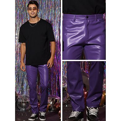 Faux Leather Pants For Men's Slim Fit Solid Color Nightclub Disco Skinny Trousers
