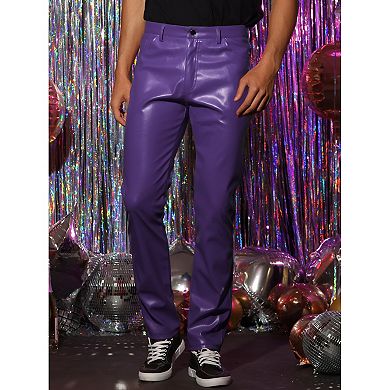 Faux Leather Pants For Men's Slim Fit Solid Color Nightclub Disco Skinny Trousers