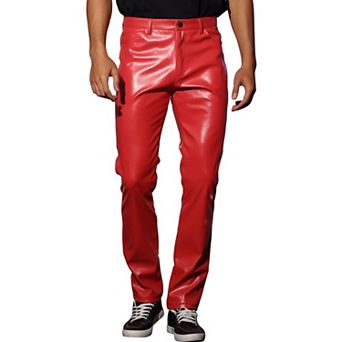Faux Leather Pants For Men's Slim Fit Solid Color Nightclub Disco Skinny Trousers