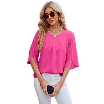 Women's Casual Loose Chiffon Pleated Blouse Summer Short Sleeve Dressy Tops Shirt