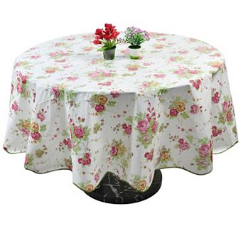 Vinyl Tablecloth Round Tables 71" Dia Red Flower Pattern White Water