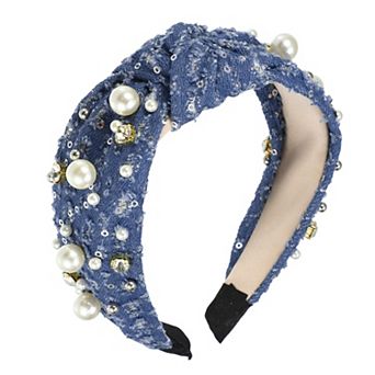 Pearly Crystal Knotted Women Headband For Women Girl Deep Blue 5.51"x1.89"