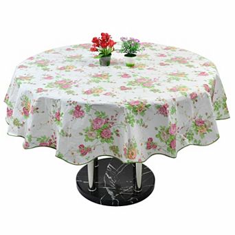 Vinyl Tablecloth Round 59" Dia Red And Green Flower Pattern Water