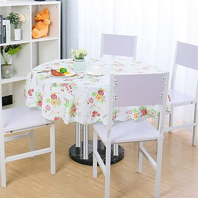 Vinyl Tablecloth Round 59" Dia Red And Green Flower Pattern Water