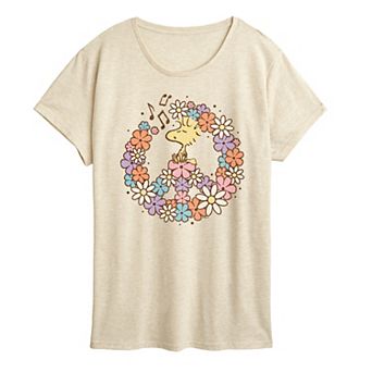 Women's Peanuts Woodstock Floral Peace Sign Graphic Tee