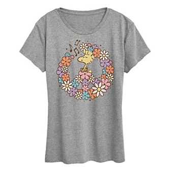 Women's Peanuts Woodstock Floral Peace Sign Graphic Tee