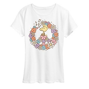 Women's Peanuts Woodstock Floral Peace Sign Graphic Tee