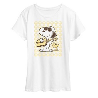 Women's Peanuts Snoopy & Woodstock Guitar And Peace Graphic Tee