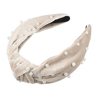 Faux Pearl Velvet Knotted Headband Classic Casual Style For Women 1.38"