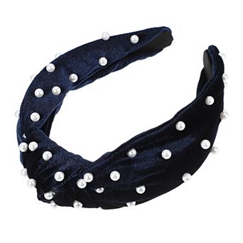 Faux Pearl Velvet Knotted Headband Classic Casual Style For Women 1.38"