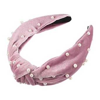Faux Pearl Velvet Knotted Headband Classic Casual Style For Women 1.38"