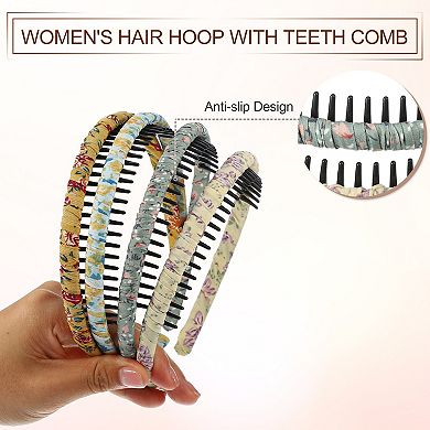 4pcs Teeth Comb Floral Pattern Headbands Purple Deep Green Yellow Yellow Blue