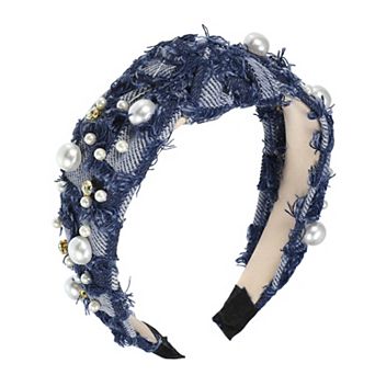 Pearly Crystal Knotted Women Headband For Women Girl Deep Blue 5.24"x1.97"