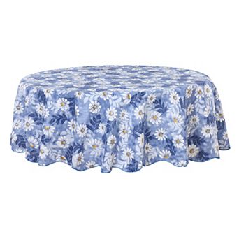 Vinyl Home Tablecloth Round Tables 71" Dia Blue Flower Pattern Waterproof