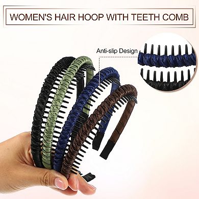 4 Pcs Teeth Comb Headband For Women Deep Brown Black Army Green Deep Blue