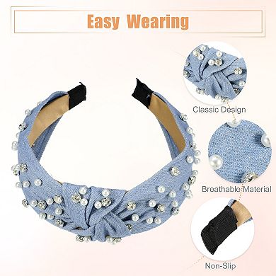 1pcs Pearly Rhinestones Crystal Knotted Women Headband Light Blue 5.31"x1.97"