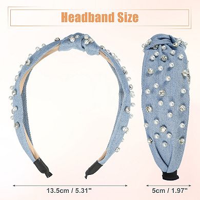 1pcs Pearly Rhinestones Crystal Knotted Women Headband Light Blue 5.31"x1.97"