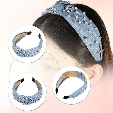 1pcs Pearly Rhinestones Crystal Knotted Women Headband Light Blue 5.31"x1.97"