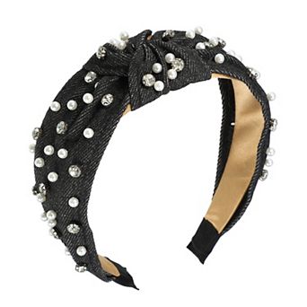 Pearly Rhinestones Crystal Knotted Women Headband Classic Black 5.31"x1.97"