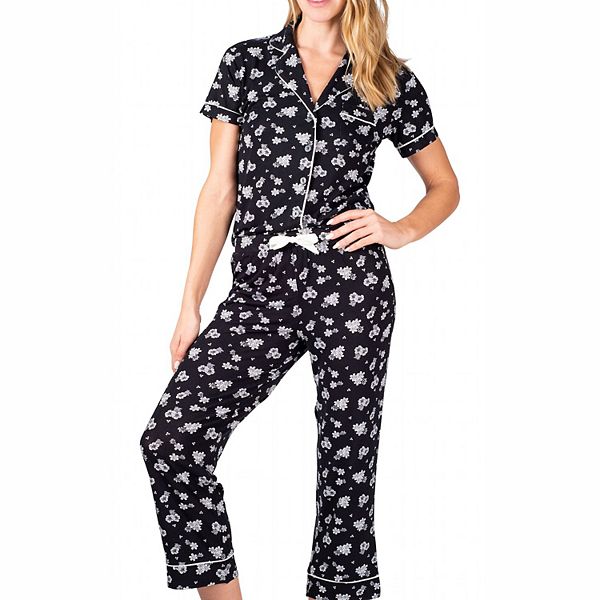 Blis Women's Notched Collar Short Sleeve Capri Pajama Set