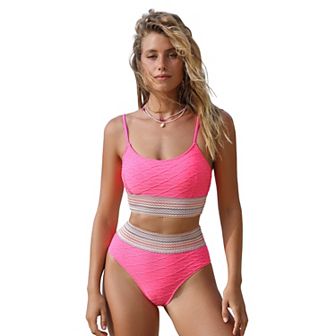 Women's Cupshe Pink Geo-Stitch Scoop Bralette & High Waist Bikini Swim Set